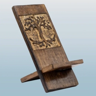 Dřevěný vyřezávaný stojan na telefon - Strom života 20x9.5cm