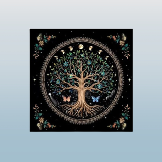 Mystické oltářní plátno Strom života – symbol síly, propojení a rovnováhy (50 × 50 cm)