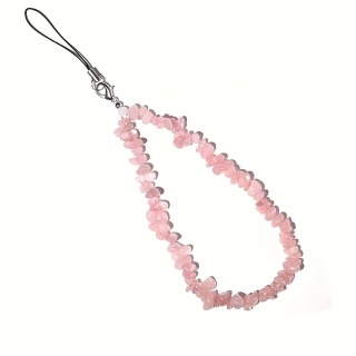 Zápěstní popruh na telefon z růženínu 26 cm (sekané minerály + karabinka)