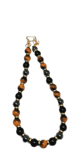 Zápěstní popruh na telefon z tygřího oka, hematitu a obsidianu (29 cm, karabinky)