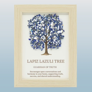 Strom života v dřevěném rámu s lapisem lazuli 21 × 15,5 cm – duchovní dekorace pro klid a ochranu