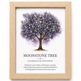 Strom života v dřevěném rámu s moonstone 21 × 15,5 cm – duchovní dekorace pro klid a ochranu