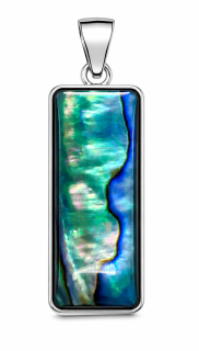 Přívěsek z pravé Paua mušle Abalone s chirurgickou ocelí – obdélník 2,6 × 1 cm | Elegantní šperk z Nového Zélandu