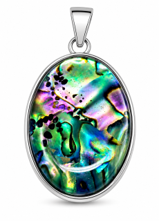 Přívěsek z pravé Paua mušle Abalone s chirurgickou ocelí – ovál 2,5 × 2 cm | Elegantní přírodní šperk z Nového Zélandu